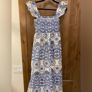 The Lucky Knot Embroidered Blue and White Midi Dress, Size S